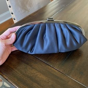 Lord and Taylor black satin evening clutch bag with shoulder strap.